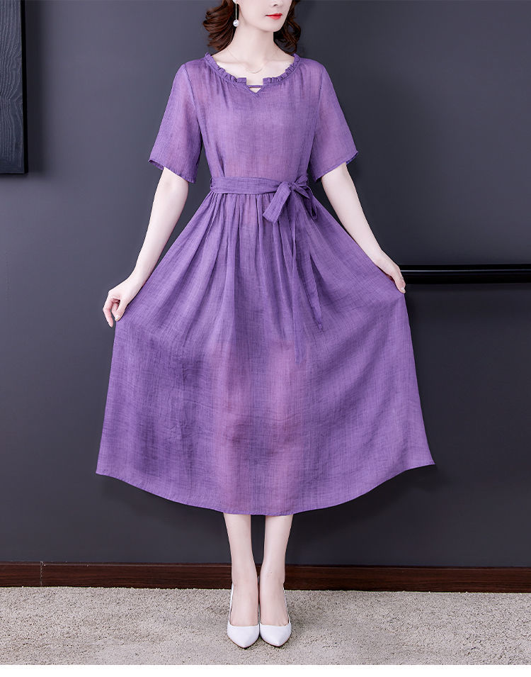 真值女装坠落星河纯亚麻连衣裙夏装新款文艺紫色棉麻大码宽松显瘦苎麻