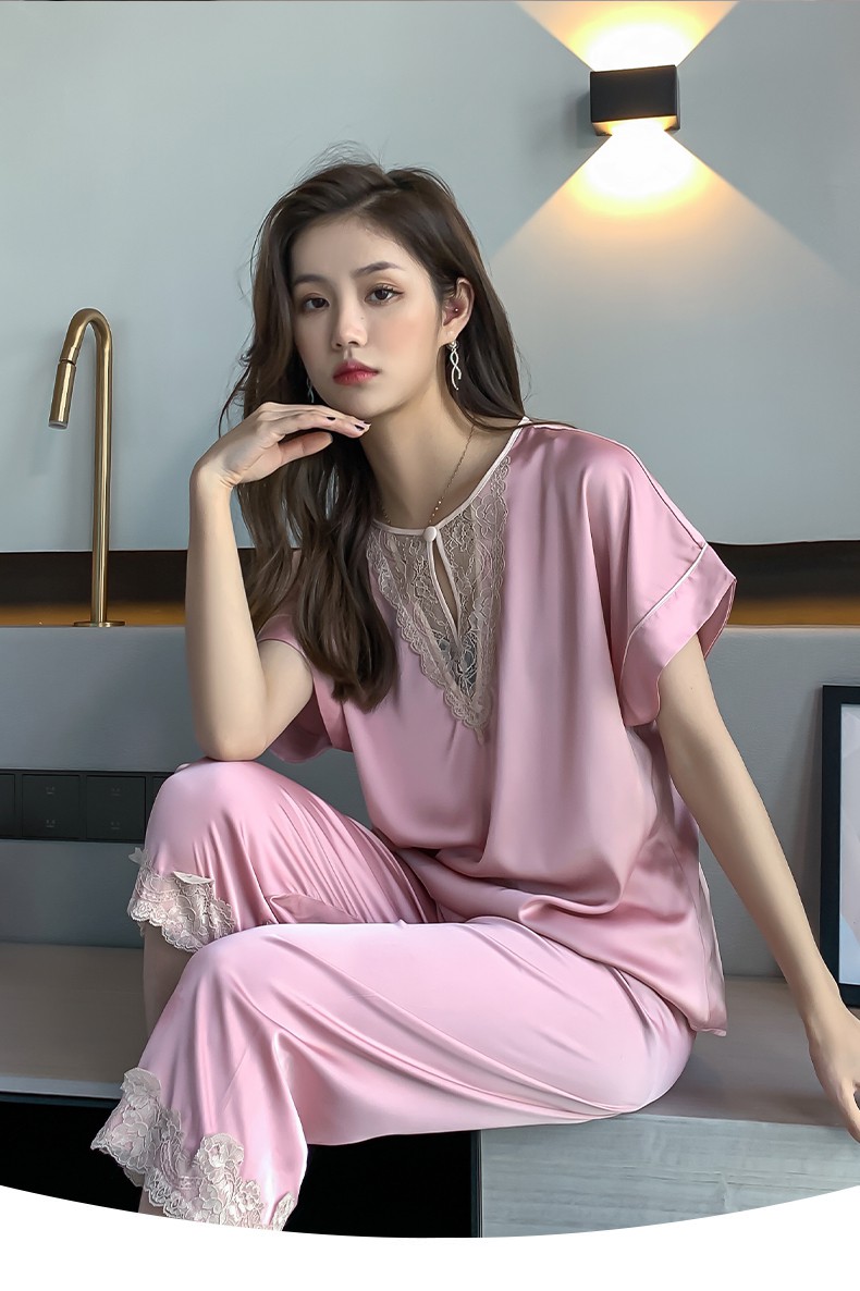 法国品牌kj真丝睡衣女桑蚕丝睡衣桑蚕丝女夏季薄款冰丝短袖七分裤套头