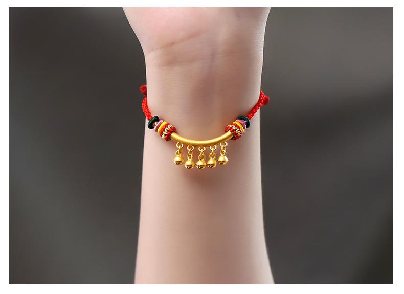 云款黄金弯管铃铛红绳手链女款3d硬金编绳吊坠999足金编织毛衣链 5个