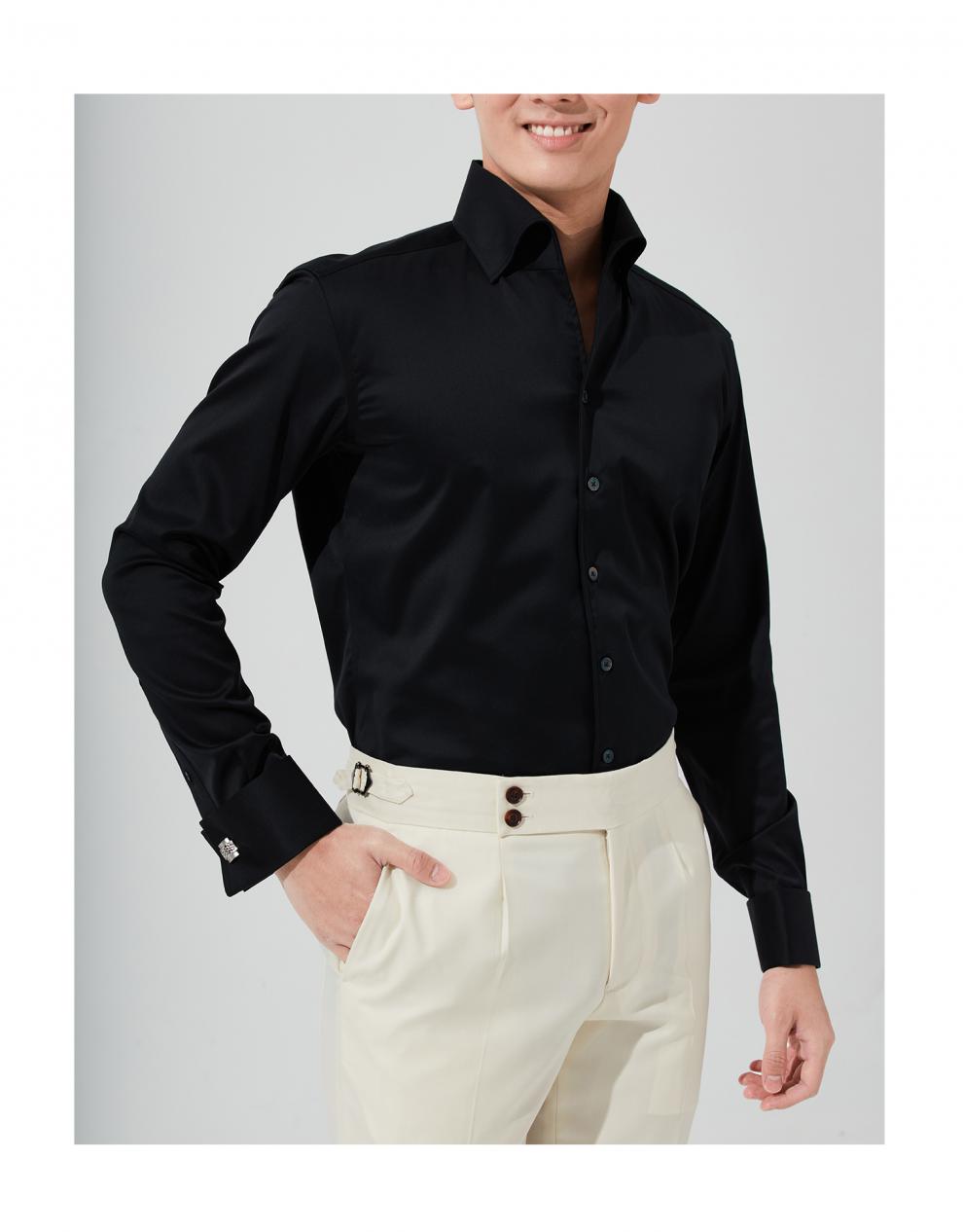 hany成衣免烫法式衬衫男意式一片领高端黑色小众正装男士袖扣衬衣特尔