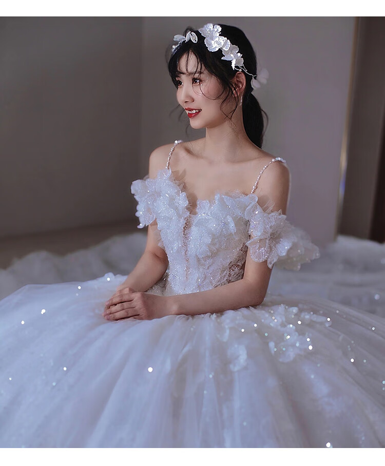 日本韩国女网红欧洲站法式在逃公主轻婚纱新款新娘主纱 白色拖尾款