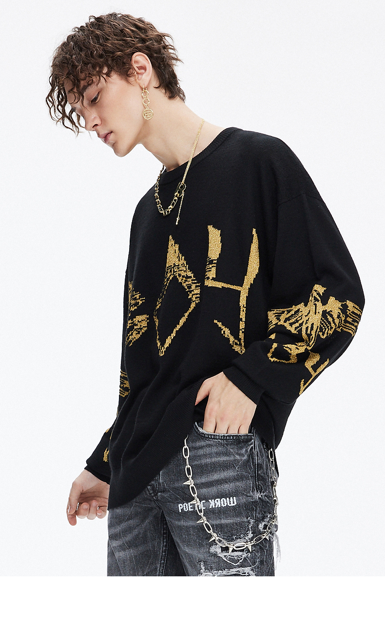 boylondon旗舰2021新款金色提花宽松针织衫毛衣男毛衣女t51002 黑色