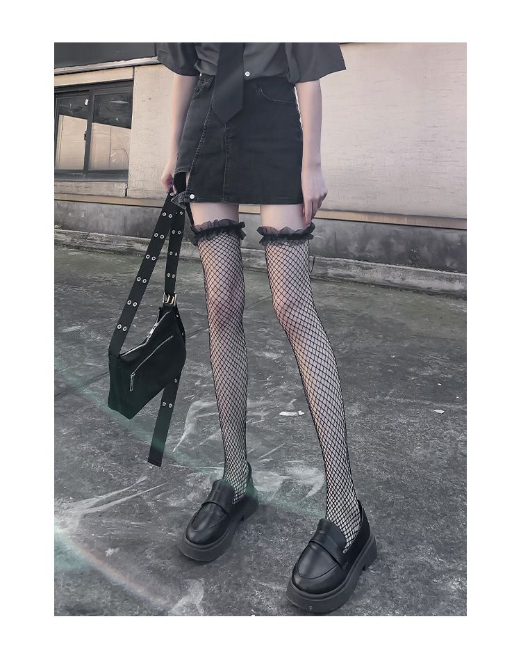 黑丝鱼网袜蝴蝶结黑丝袜女性感黑色过膝长筒袜子jk蕾丝边暗黑萝莉渔