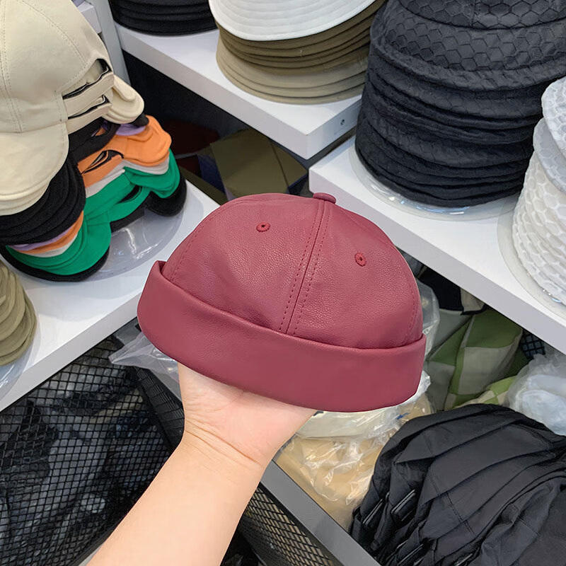 君吻 瓜皮帽男皮质复古酒红色雅痞瓜皮帽子女韩版简约地主帽男装饰