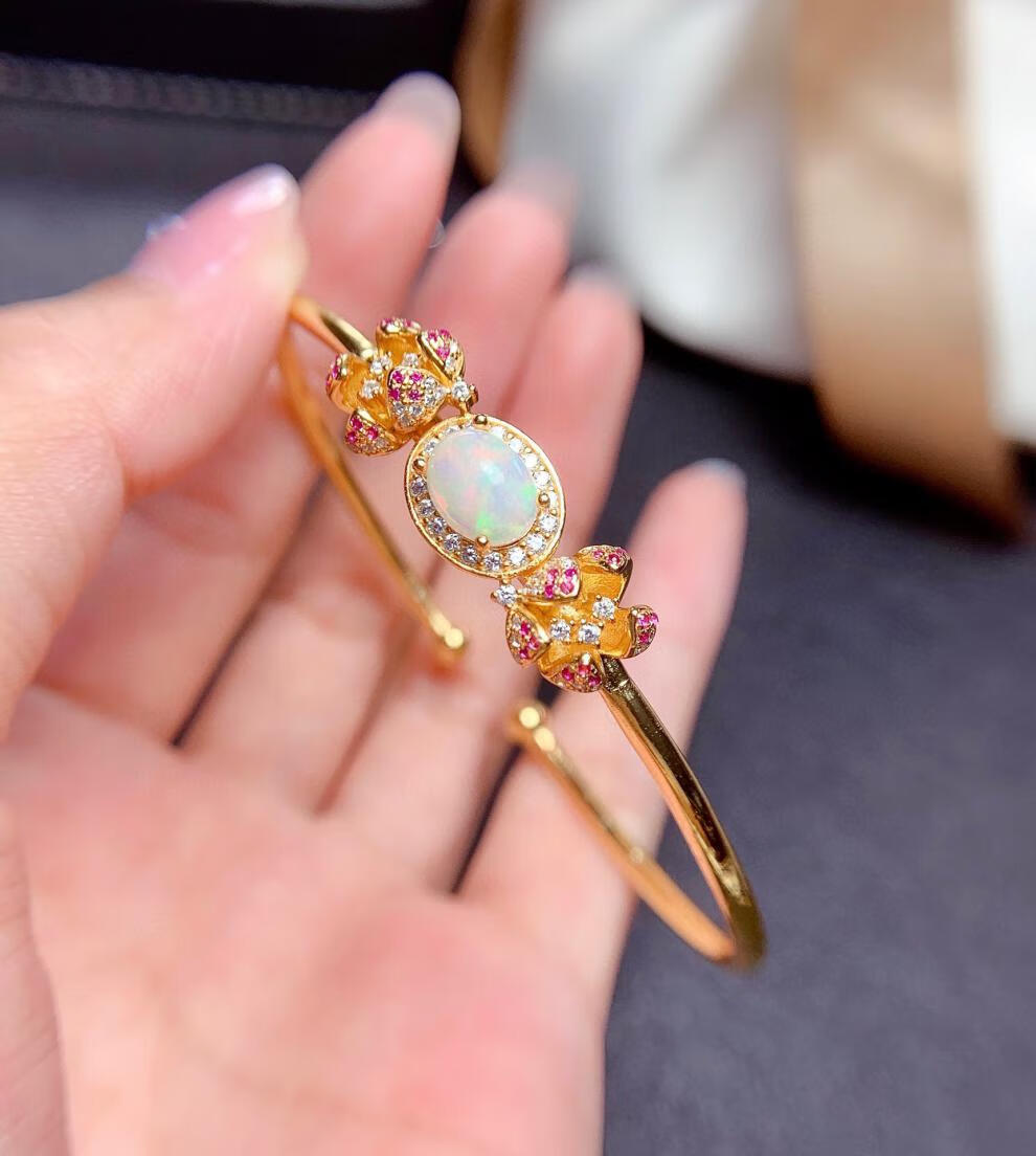 天然炫彩欧泊手镯晶体干净火彩爆闪银镶嵌轻奢日韩银镶嵌