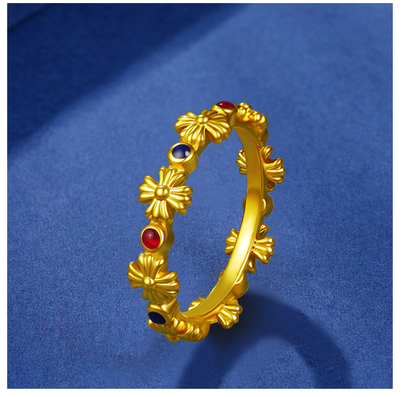 庄梦蝶999足金花朵黄金戒指复古单戒转运珠指环求婚结婚订婚宝石足金