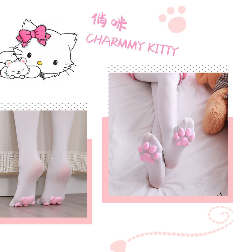 猫爪丝袜可爱袜子猫脚印肉垫连裤过膝萝莉不烂立体白丝黑丝猫爪袜 白