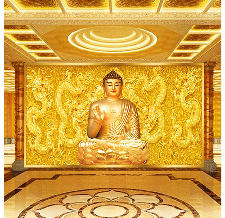 佛堂贴纸释迦摩尼佛教墙贴纸佛系寺庙佛堂背景墙纸5d如来佛像壁画3d