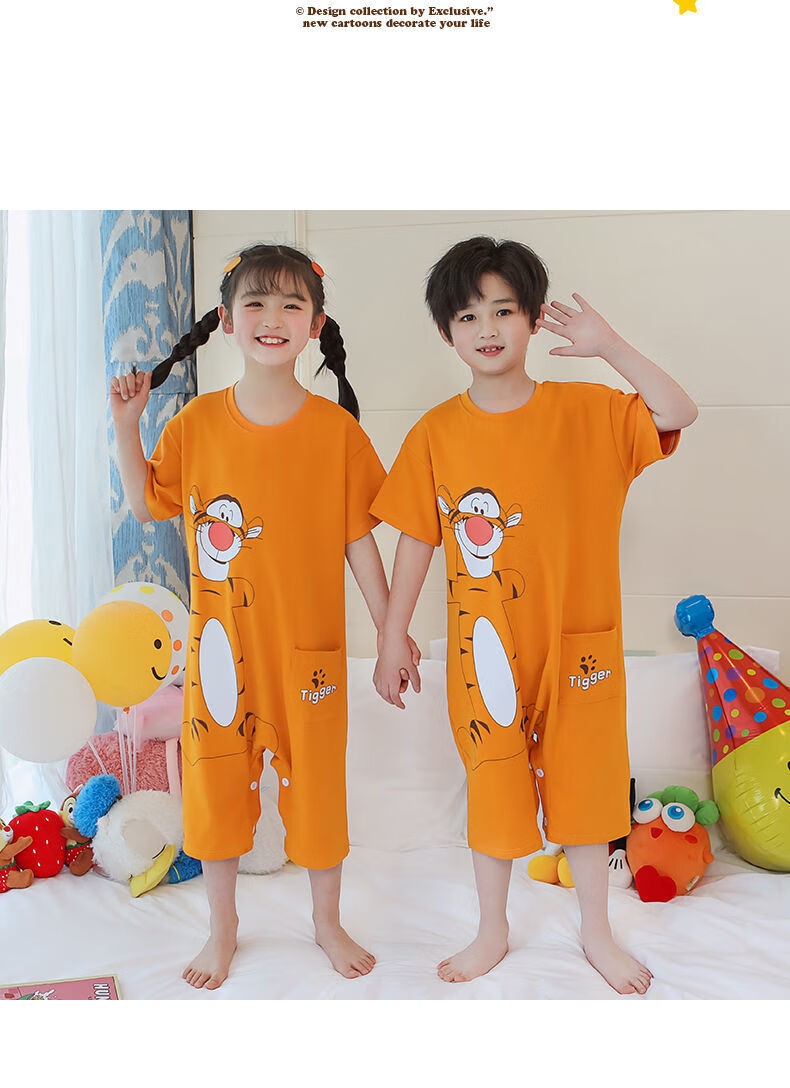 小孩子小女孩夏天穿的儿童连体睡衣夏季短袖薄款棉小孩男女中大童睡袋