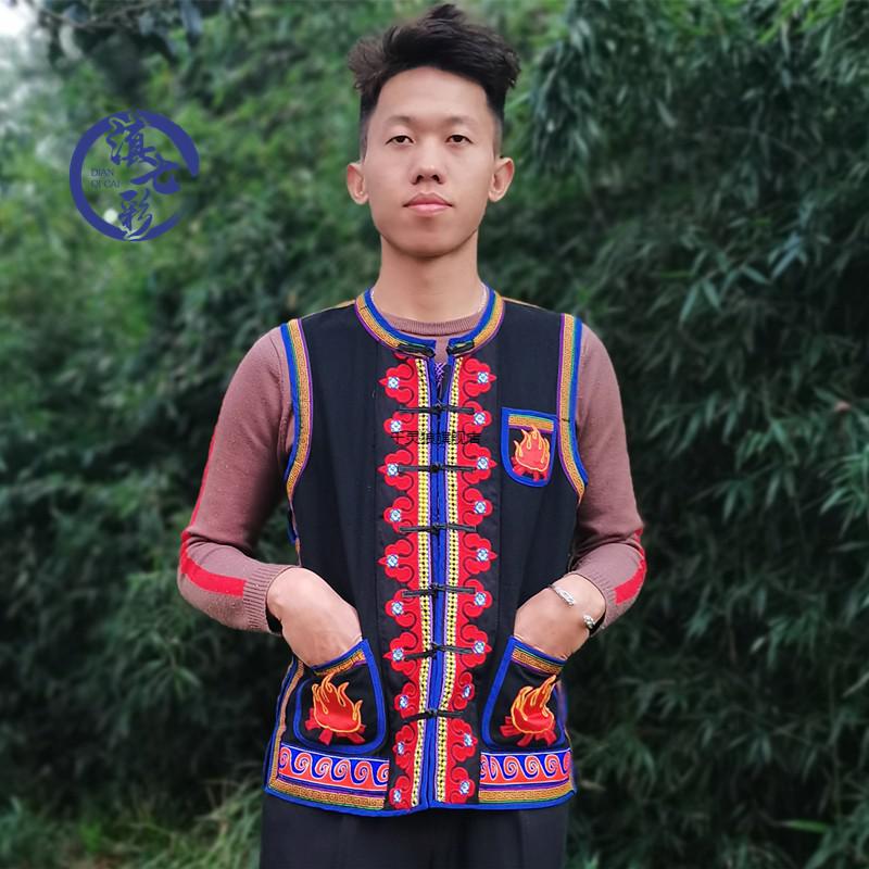 彝族服装男大凉山精品黑色一枝花马夹龙扣马甲生活装特色绣花 新禄劝