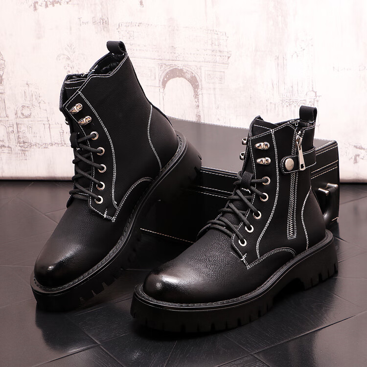 马丁靴男士秋季高帮休闲鞋厚底内增高短靴英伦风工装靴黑色皮靴子