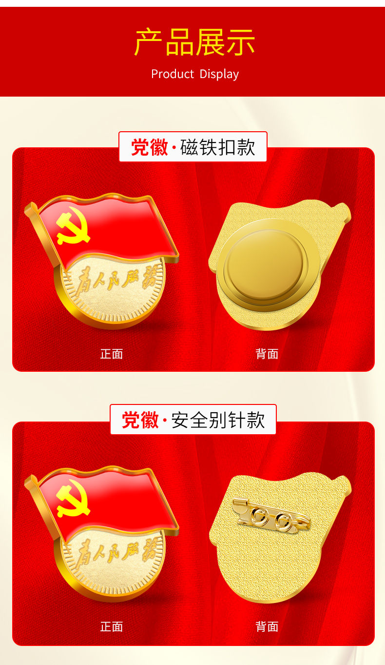 标准型党徽新版国家党员徽章为人民服务纯金别针磁扣胸章 升级双面大