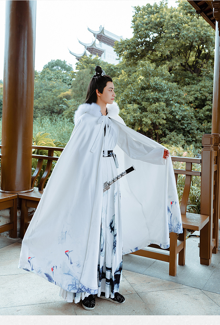 披风男斗篷古装冬季中国风男生汉服水墨加厚保暖双面呢外套加长大毛领