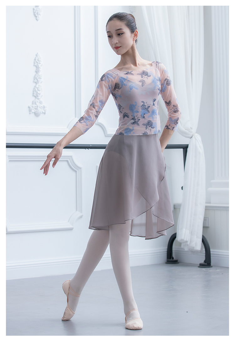 芭蕾舞蹈纱裙女弹力带一片式形体半身芭蕾舞裙古典现代成人练功裙 灰