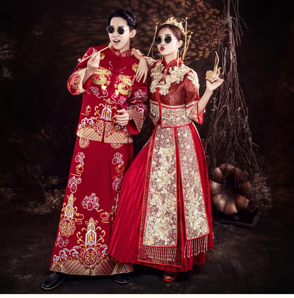 秀禾服男女套装情侣装中式新郎接亲礼服结婚唐装敬酒服女装s