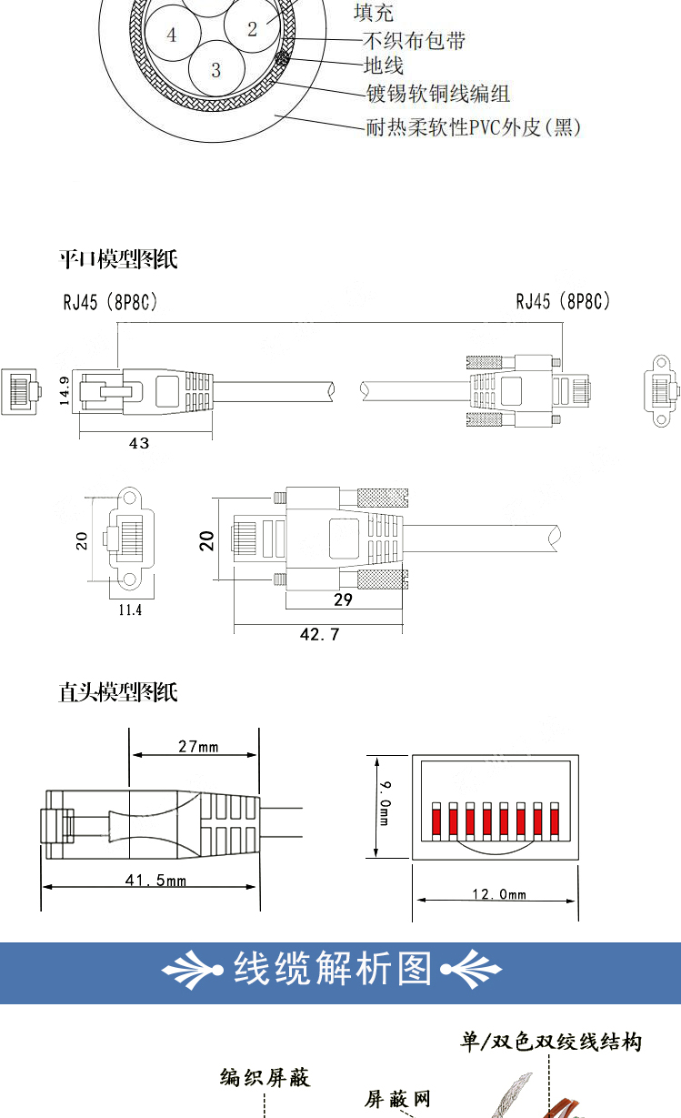 工业相机千兆网线巴斯勒basler海康高柔带螺丝固定gige静态网线 1米