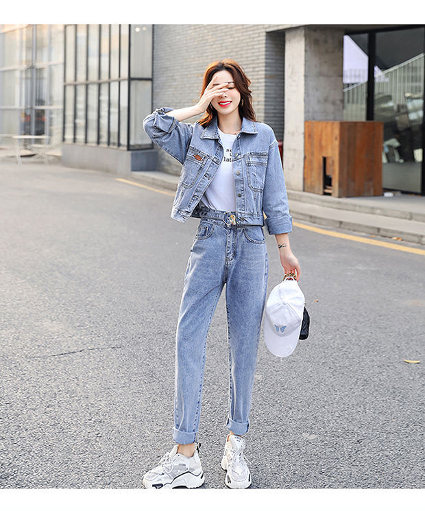 牛仔外套女新款牛仔套装女洋气时尚韩版修身百搭秋装外套ins潮浅蓝色