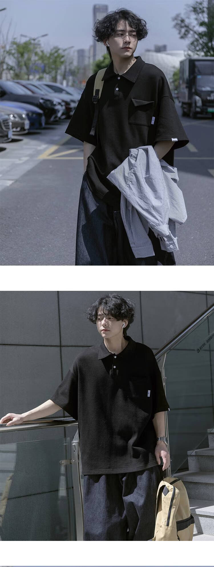 棒球服polo衫男学院风棒球服polo衬衫男日系cityboy翻领t恤潮牌重磅