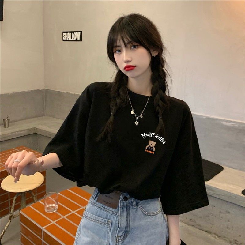 新品纯棉宽松黑色辣妹短款短袖恤女小个子原宿风上衣【短袖女】