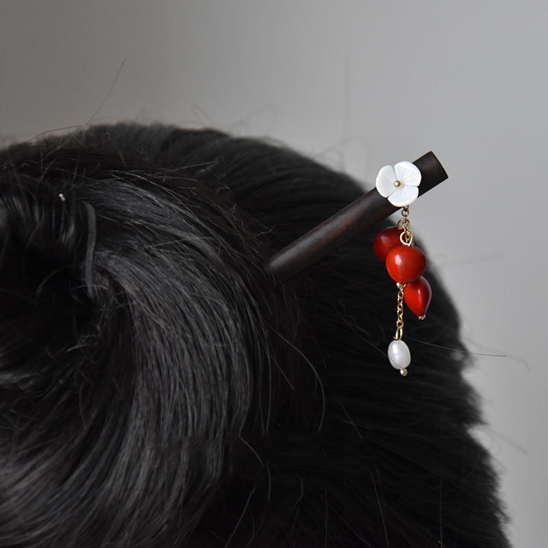 相思红豆簪子 发簪蝶贝木复古小众旗袍日常手工日韩配饰 043红豆檀木