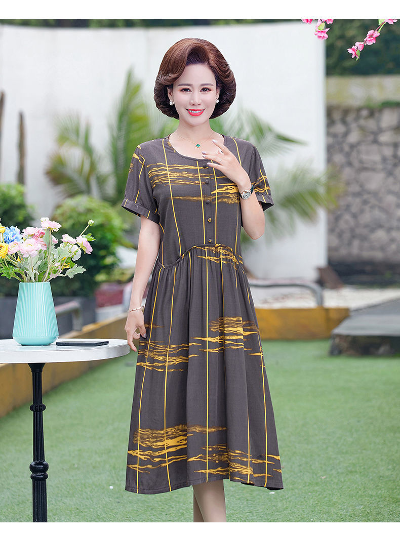 棉麻连衣裙中年妈妈装夏天加码遮肚印花中老年女装休闲吸湿大口袋