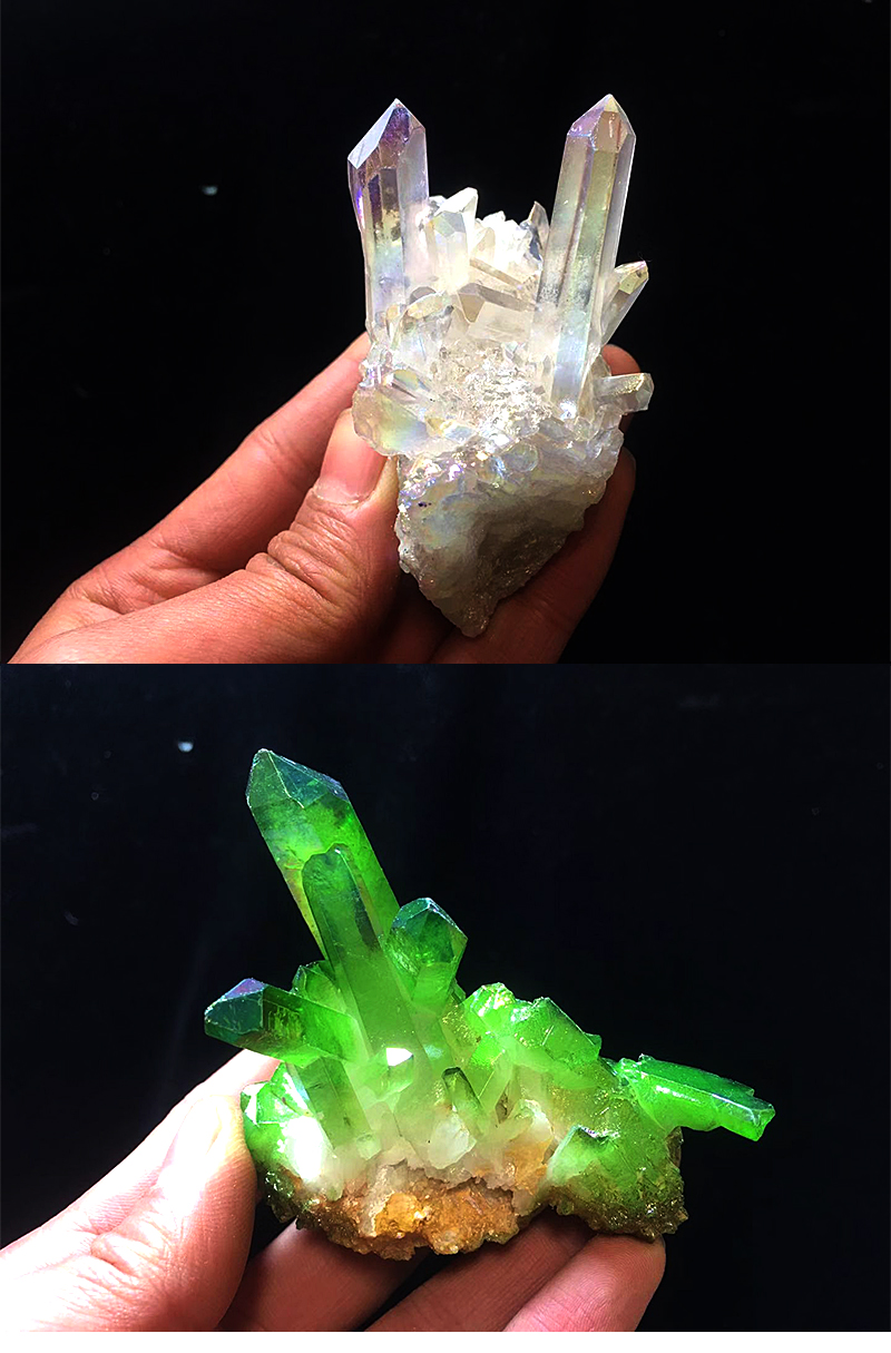 天然水晶原石七彩 天然白水晶居家晶簇摆件电镀紫蓝七彩水晶矿标观赏