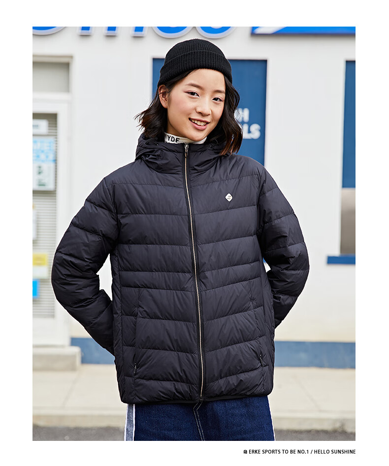 鸿星尔克新款女士保暖户外休闲羽绒服连帽休闲上衣外套女鲑鱼粉l