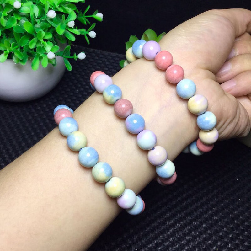 去寻 彩虹石手链女款小清新水晶单圈佛珠手串情侣饰礼物 约10mm/串