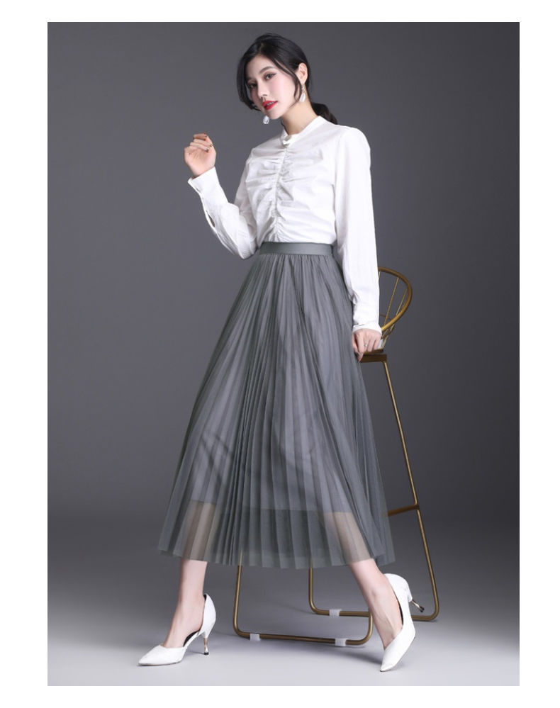 春秋网纱半身裙纱裙女半身裙垂感显瘦网纱百褶裙高端长裙子白色65厘米