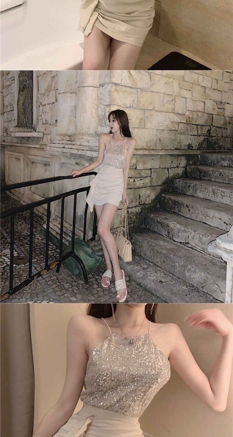 网红抖音直衣服女主服装上镜性感亮片上衣外穿吊带背心气质潮亮片吊带