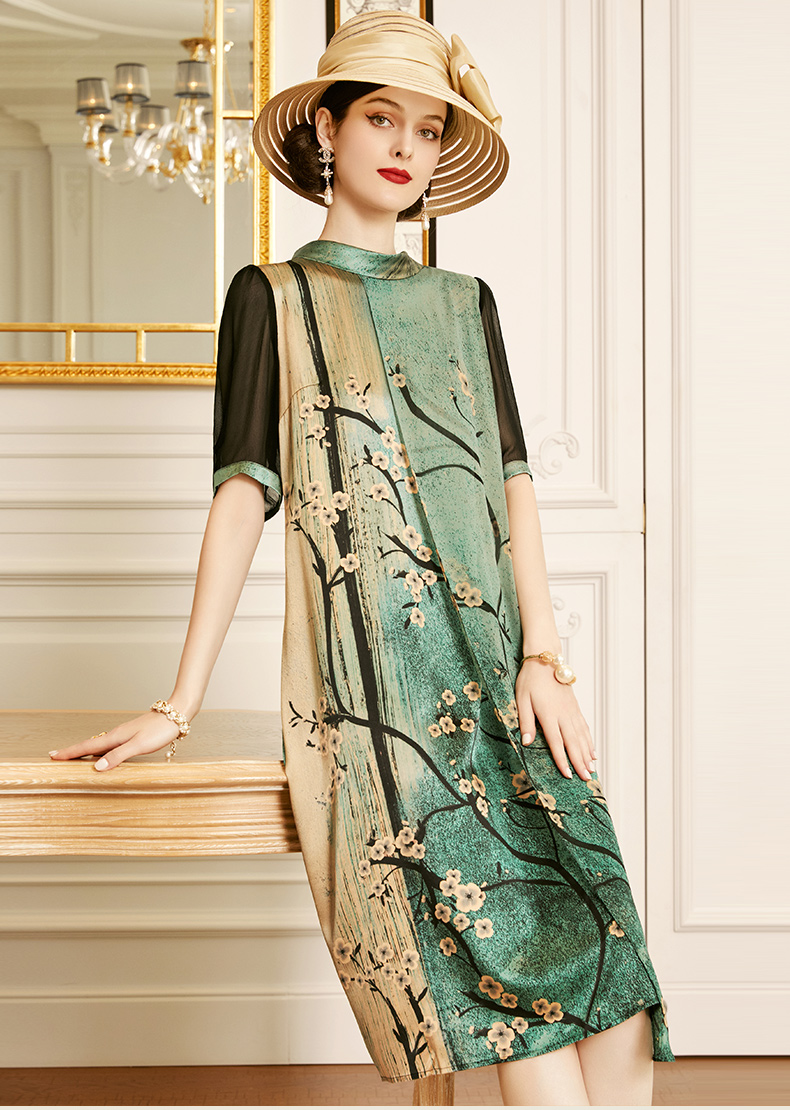 欧黎蔓品牌高档真丝连衣裙2021新款夏绿色气质短袖重磅桑蚕丝裙子女