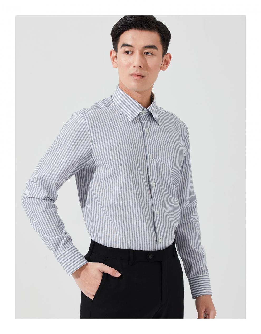 hany汉尼纯棉衬衫男长袖商务休闲蓝色条纹修身薄款高端男士衬衣苏尔特