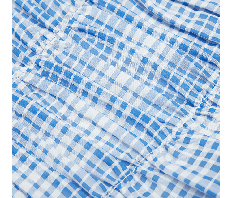 moco2021夏季新品清新蓝白格纹方领泡泡袖上衣mba2top037 摩安珂 蓝