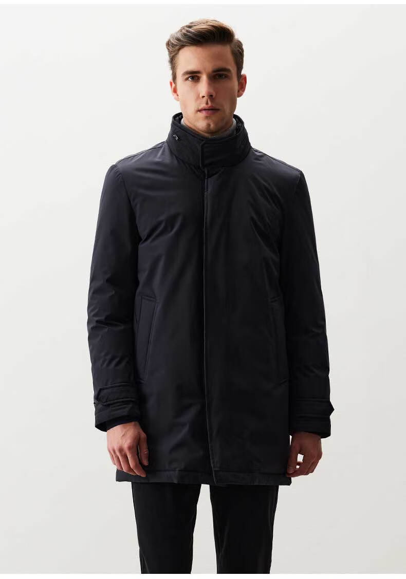 圣大保罗 秋冬涤纶休闲合身羽绒服白鸭绒藏帽立领中长款羽绒服男 藏青