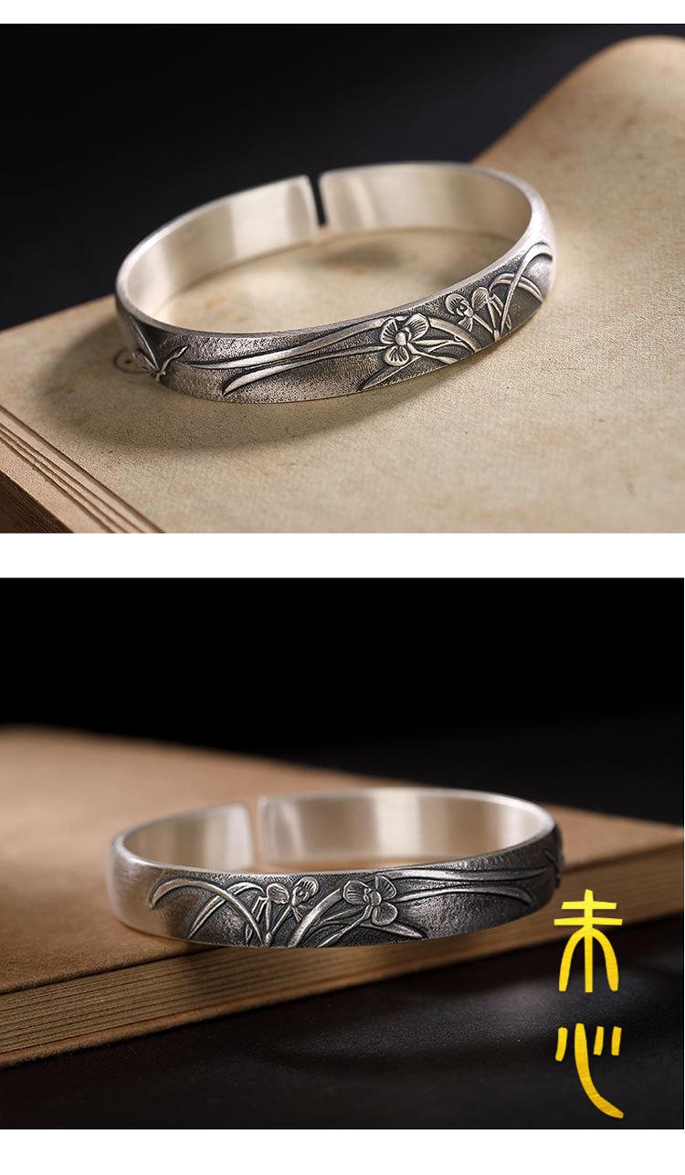 未心999复古兰花民族风手镯女实心开口足银镯子520送人礼物送妈妈创意