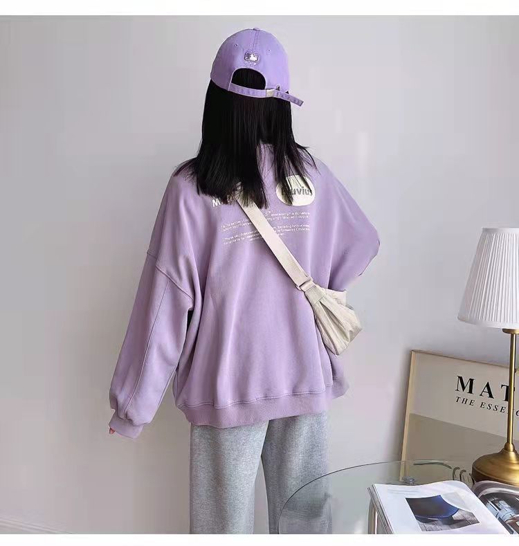 卫衣女春夏薄款香芋紫卫衣女学生潮春秋季宽松圆领长袖薄款上衣小众
