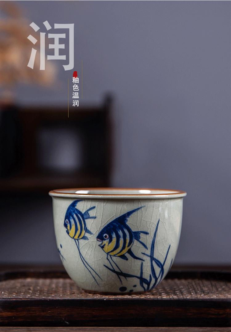 裂纹釉茶杯 柴窑手绘陶瓷茶杯老陶泥缸杯年年有鱼带内绘裂纹釉汝窑