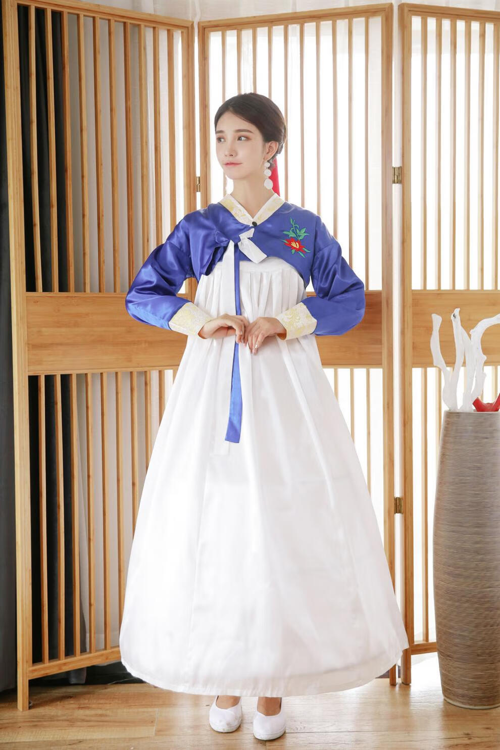 新款韩服表演服饰女宫廷传统舞蹈服装民族古装成人朝鲜族服装ys 白 青