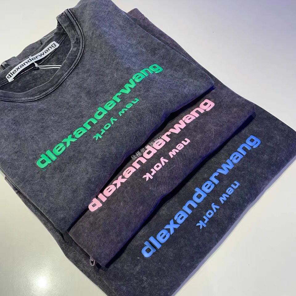 alexanderwang大王22fw做旧刺绣字母logot恤男女同款短袖粉色徽章印花