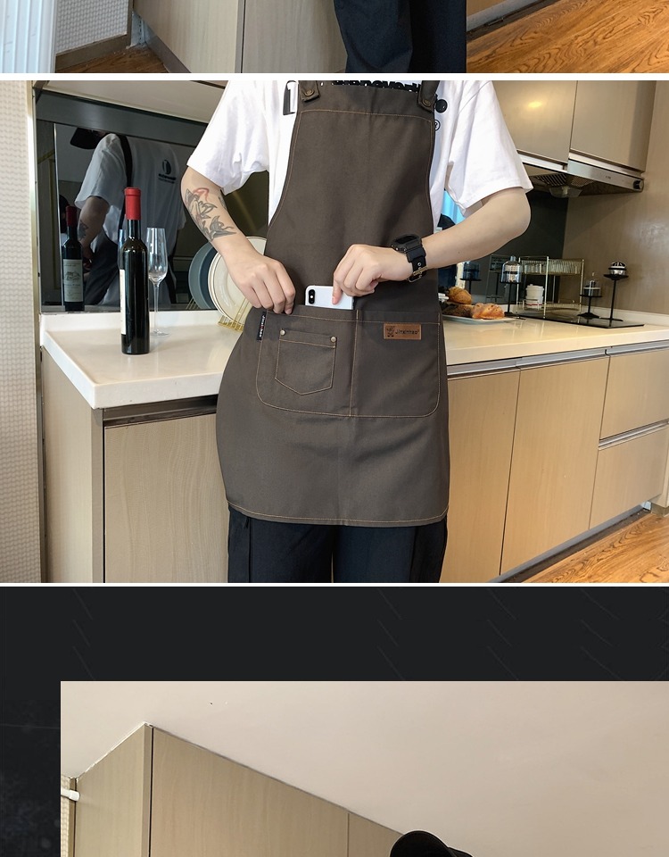 咖啡师奶茶店的围裙服务员工作服帆布印字女餐饮咖啡美甲夏季男深咖色