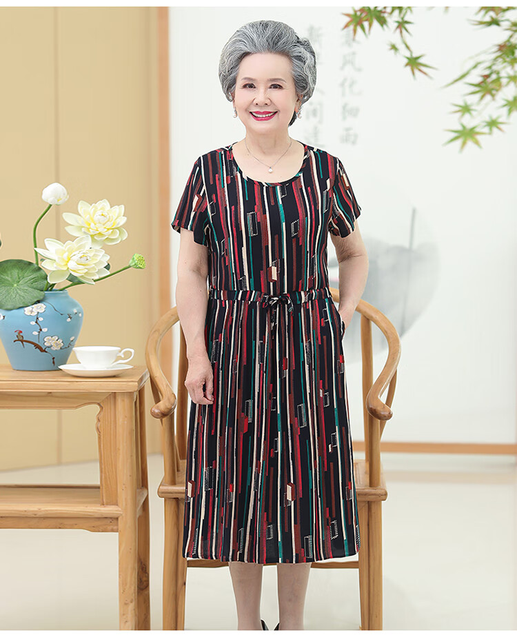老奶奶夏季连衣裙夏装长裙子中老年人装60岁70妈妈老人棉绸短袖908蓝