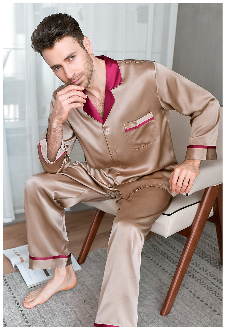 棠豹品牌睡衣男真丝两件套装重磅桑蚕丝睡衣长袖长裤真丝家居服银灰色