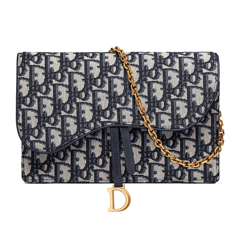 dior/迪奥女包马鞍手拿包蓝色oblique印花翻盖链条包单肩包22*14.5*3.