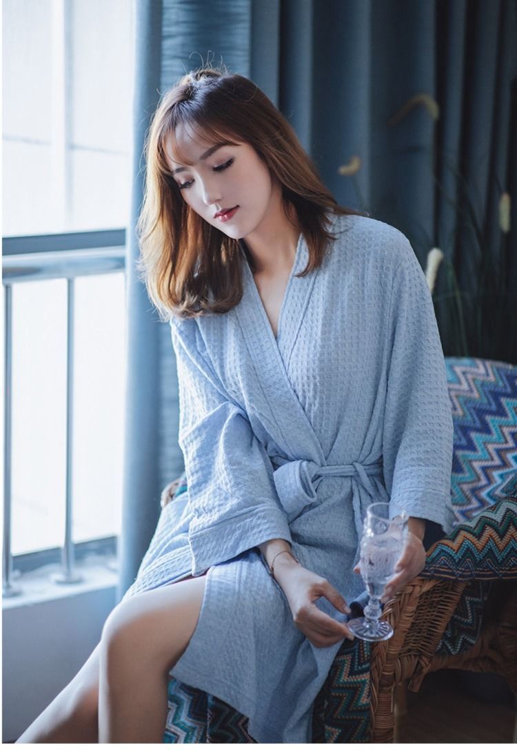 春秋薄款睡袍宽松华夫格男女浴衣美容院酒店浴袍春夏晨袍情侣睡衣藏青