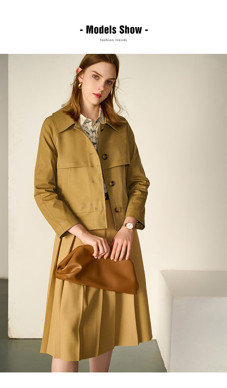 法曼萱浅驼色方领短款风衣外套女秋季2022年新款时尚气质长袖上衣浅