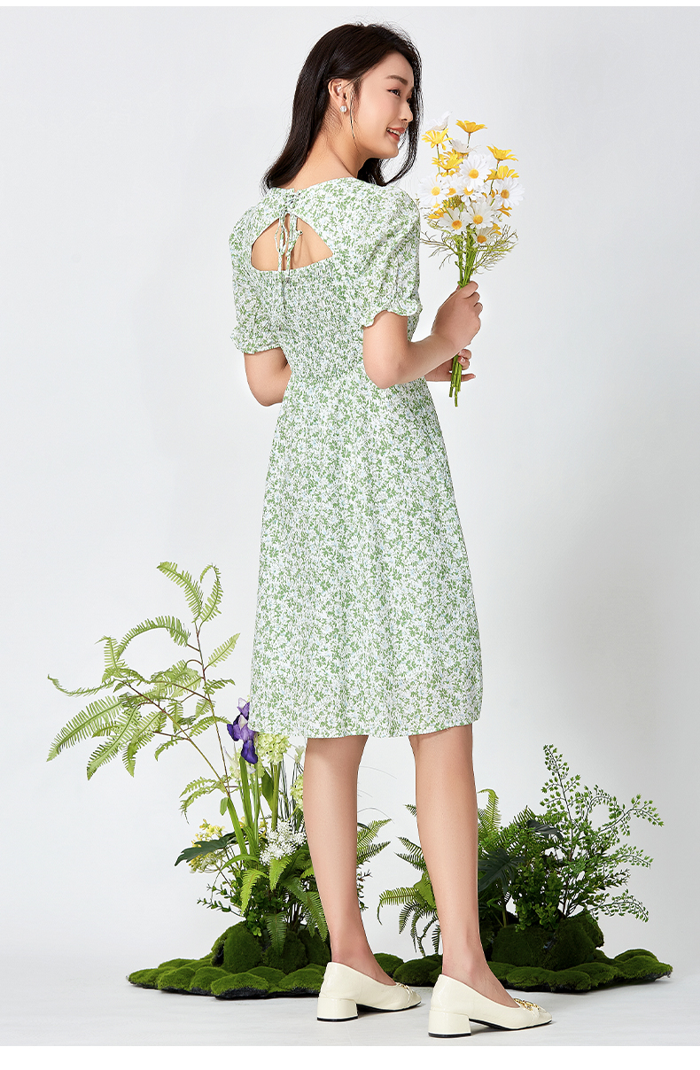 阿依莲2022年法式印花短袖连衣裙女夏季收腰显瘦碎花裙子 萌芽绿 xl