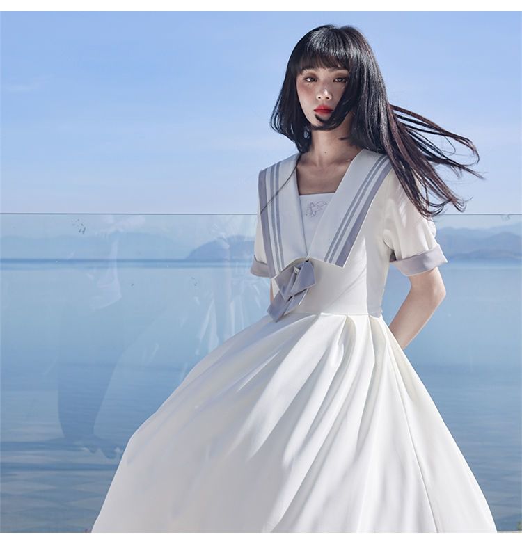 水手服海军领短袖初恋白色水手服女夏季学院风蝴蝶结制服长裙子 10107