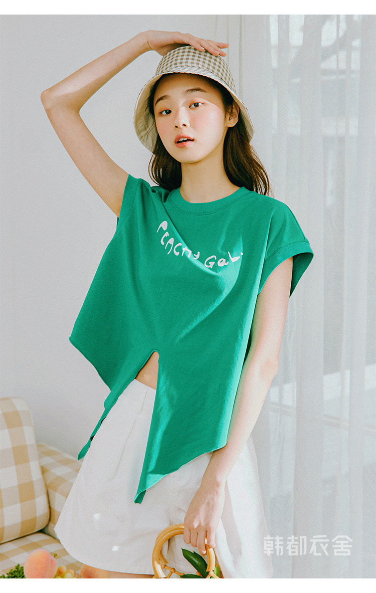 韩都衣舍交叉扭结短袖t恤女2021夏季新款短款上衣ffr0005纯净白色l