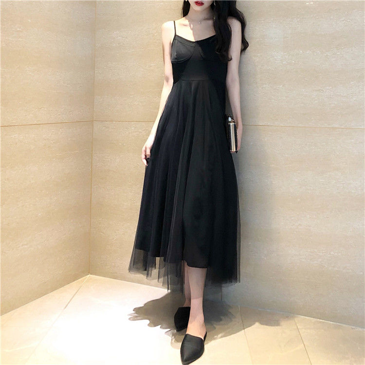 法式裙子仙女超仙森系黑色吊带裙网纱长裙很仙的法国小众连衣裙2xl