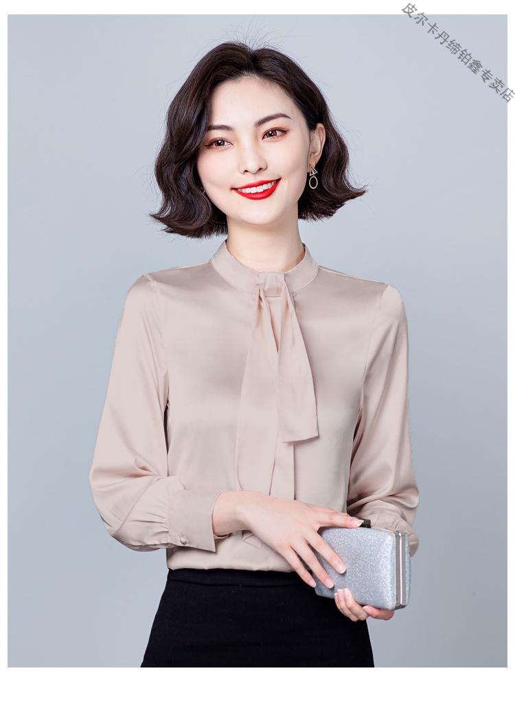 高档2021年春秋新款缎面长袖衬衫设计感小众女士职业外穿立领衬衣针织